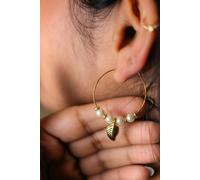 The Colourful Aura Women's 30mm White Beaded Leaf Charm Hoop Earring in Gold