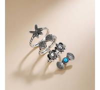 The Colourful Aura 4 Piece Stackable Bohemian Starfish Turtle Beach Midi Retro Rings in Silver