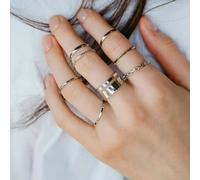 The Colourful Aura 7 Piece Multisize Band Silver Cuff Stackable Boho Ring Set Silver One Size