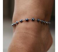 The Colourful Aura Golden Blue Evil Eye Protection Charm Adjustable Turkish Beaded Payal Anklet In Silver Silver 7
