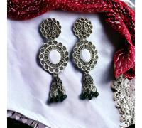 The Colourful Aura Indian Boho Oxidised Drop Ethnic Jhumkis Earrings In Green Green