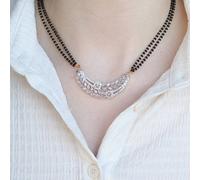 The Colourful Aura Indian Nazaria Silver Floral Zircon Mangalsutra Black Beads Earring And Necklace Silver 18 inches