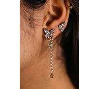The Colourful Aura Long Butterfly Ear Cuffs Tassel Climber Studs In Silver Silver