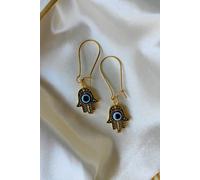 The Colourful Aura Long Silver Evil Eye Fatima Hand Hamsa Earrings In Gold Gold One Size