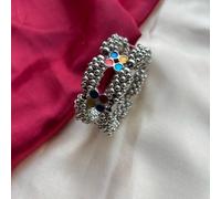 The Colourful Aura Oxidised Ghungaroo Multicolour Stones Open Bridal Kada Cuff Bangle In Silver Silver One Size