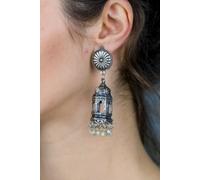 The Colourful Aura Oxidised Large Temple Ethnic Jhumkis In Silver Silver One Size