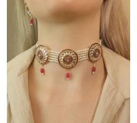 The Colourful Aura Red Round Kundan Ethnic Pearl Bridal Victorian Choker Set Red One Size