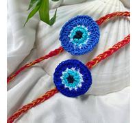The Colourful Aura Set Of 2 Of Handmade Knitted Evil Eye Soft Rakhi For Kids Nazar Raksha Bandhan In Blue Blue One Size