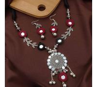 The Colourful Aura Silver Oxidized Mirror Pendant Necklace Set With Red Detailing Silver 18 inches