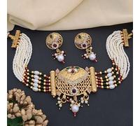The Colourful Aura Traditional Ethnic Multi Strand White Pearl Dangle Diana Choker In Gold Gold