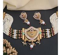 The Colourful Aura Traditional Ethnic Multi Strand White Pearl Dangle Diana Choker In Gold Gold One Size