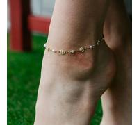 The Colourful Aura White Daisy Pearl Floral Summer Indie Boho Flower Adjustable Anklet In Gold Gold 9 inches