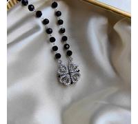 The Colourful Aura Women's Black Bead Four Heart Magnet Foldable Zircon Mangalsutra Necklace in Silver