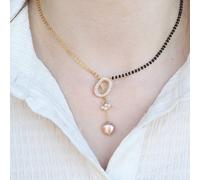 Half Black Bead Gold plated Oval Pearl Y shape Lariat Mangalsutra The Colourful Aura Gold One Size