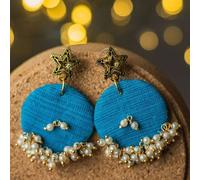 The Colourful Aura Women's Handmade Round Fabric Poth Pearl Jhumka Drop Earrings in Blue The Colourful Aura Blue One Size