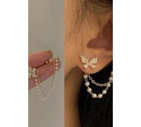 The Colourful Aura Women's Long Butterfly Tassel Pearl Ear Cuff Earrings Chain in Gold