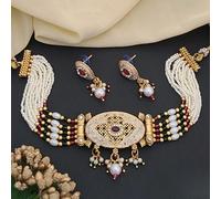 Traditional Ethnic Multi Strand White Pearl Dangle Diana Choker The Colourful Aura Gold One Size