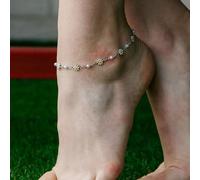 The Colourful Aura Women's White Daisy Pearl Floral Summer Indie Boho Flower Adjustable Anklet in Silver | Size: 8 The Colourful Aura Silver 8