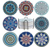The colourful saucer of a mandragora - set of 8 cork, ceramic and glass, 4 inch mandala pattern, ideal for cups, vases and candles, housewarming gift for birthday, kitchen and living room decoration