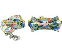 The Comfort Dog Collars,Fashion Print Dog Collar and Leash Set Adjustable Dog Collar with Bow Tie and Quick Release Metal Buckle Anti-Twist Leash for Small Medium Large Dogs(Blue flowers,XL)