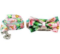 The Comfort Dog Collars,Fashion Print Dog Collar and Leash Set Adjustable Dog Collar with Bow Tie and Quick Release Metal Buckle Anti-Twist Leash for Small Medium Large Dogs(Pink flowers,M)