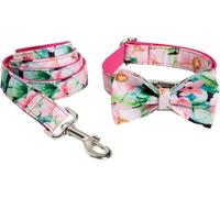 The Comfort Dog Collars,Fashion Print Dog Collar and Leash Set Adjustable Dog Collar with Bow Tie and Quick Release Metal Buckle Anti-Twist Leash for Small Medium Large Dogs(Pink,L)