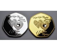 The Commemorative Coin Company Pair of 15th CRYSTAL WEDDING ANNIVERSARY .999 Silver & 24ct Gold Commemoratives with Gemstones. Gift/Present 15 Years Together