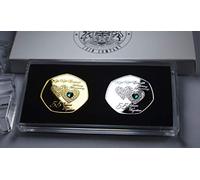 The Commemorative Coin Company Pair of 55TH EMERALD WEDDING ANNIVERSARY Silver & 24ct Gold Commemoratives with Diamante Gemstones. Display/Presentation Stand & Gift Box. Gift/Present