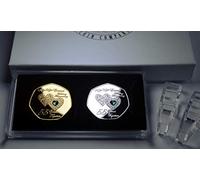 The Commemorative Coin Company Pair of 55TH EMERALD WEDDING ANNIVERSARY Silver & 24ct Gold Commemoratives with Diamante Gemstones. Display/Presentation Stand & Gift Box. Gift/Present