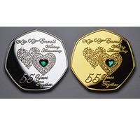 The Commemorative Coin Company Pair of 55TH EMERALD WEDDING ANNIVERSARY Silver & 24ct Gold Commemoratives with Diamante Gemstones. Gift/Present 55 Years Together