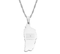 The Commonwealth of Dominica Map & Flag Pendant Chain Necklaces Dominica Maps Stainless Steel Jewelry(Silver Color,60cm)