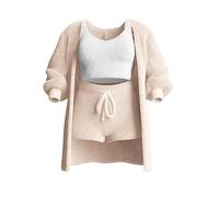 The Cozy Knit Set,Women Cozy Knit Set 3 Pieces Fluffy Plush Pajama Long Sleeve Velvet Hooded (Apricot, Large)