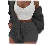 The Cozy Knit Set,Women Cozy Knit Set 3 Pieces Fluffy Plush Pajama Long Sleeve Velvet Hooded (Dark Gray, Medium)