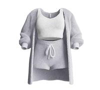 The Cozy Knit Set,Women Cozy Knit Set 3 Pieces Fluffy Plush Pajama Long Sleeve Velvet Hooded (Gray, 3X-Large)
