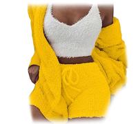 The Cozy Knit Set,Women Cozy Knit Set 3 Pieces Fluffy Plush Pajama Long Sleeve Velvet Hooded (Lemon Yellow, Small)