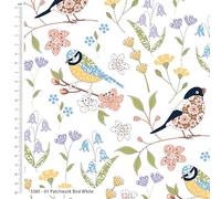 The Craft Cotton Co. Patchwork Birds White 100% Cotton Fabric 110cm Wide Material for Crafting, Patchwork, Quilting