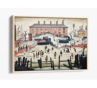 The Cricket Match People Ls Lowry Style Canvas Floater Frame Print Picture Art - Light Oak Frame 36 inch wide x 24 inch high