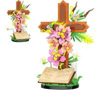 The Cross Flower Building Block Set for Adults, DIY Plastic Brick Kit with Book & Candle - Creative Religious Easter for Women, Mom