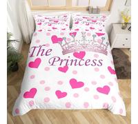 The Crown Duvet Cover Set Double Size, Fashion Princess Crown Comforter Cover, Rose Pink Hearts Dots Print Bedding Set for Kids Women Room Decor, Lightweight Bedspread Cover,2 Pillowcases,No Comforter
