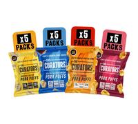 THE CURATORS High Protein Pork Puffs Variety Pack, 5 x Original Salted, 5 x Smoky Bacon, 5 x Tajin , 5 x Salt & Vinegar 25g (20 Packs) Crisp Low Carb