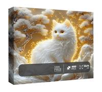 The Cute Cat Jigsaw Puzzle 1000 Pieces, Fluffy White Cat Art Puzzle Game, Challenging Cute Kitten Carved Forest Design Puzzles, Home Decor Gift, for Family Activity (1pc)
