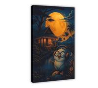 The Cute Owl Sings Under The Full Moon. Canvas Poster Wall Art Decor Print Picture Paintings for Living Room Bedroom Decoration 16x24inch(40x60cm)