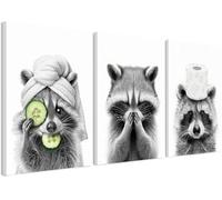 The cute raccoon bathroom wall art decor comes in a set of three. With a modern and funny style and a touch of rustic farmhouse charm, it features wooden-framed animal printed bathroom signs. Each
