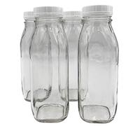 The Dairy Shoppe Glass Milk Bottle, Heavy Glass with Lid, Creamery Style (4, Threaded Pint)