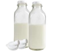 The Dairy Shoppe Heavy Glass Milk Bottles - Jugs with Extra Lids and a Silicone Pour Spout - Clear Milk Containers for Fridge - Reusable Glass Milk Jug Dispenser - Made in USA (33.8 oz, 2 Pack)