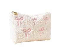 The Darling Effect Gifts for Women Girls Makeup Bag Travel Tote Pink Bow with Pearls Fully Lined Sherpa Cosmetic Bag for Organizing Stuff Jewelry Accessories