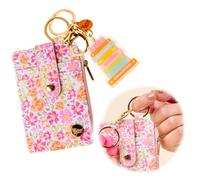 The Darling Effect Keychain Wallet for Women Book Club Slim Compact Credit Card Wallet Stacked Books Key Ring Card Holder with Gold Zipper Coin Pouch Matching Accessory Set, Pink Orange Floral Books,