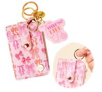 The Darling Effect Keychain Wallet for Women Nurse Life Pink Bow Key Ring Slim Compact Credit Card Wallet Card Holder with Gold Zipper Coin Pouch Matching Accessory Set, Pink Bow Nurse, slim, Compact