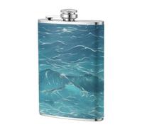 The deep Blue sea 8oz Leather Hip Flask - Stainless Steel Whiskey Flask for Drinks, Pocket Liquor Set for Men Wedding Groomsman