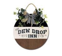 The Dew Drop Inn Front Door Sign Funny Wreaths Hanging Wooden Plaque Decoration Round Rustic Wood Farmhouse Porch Decor for Home Front Door Decor, 12 x 12 Inch